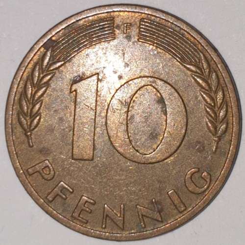 1950 F - 10 PFENNIG - TEN PFENNIG - GERMANY - FEDERAL REPUBLIC - (Brass Clad Steel) KM# 108